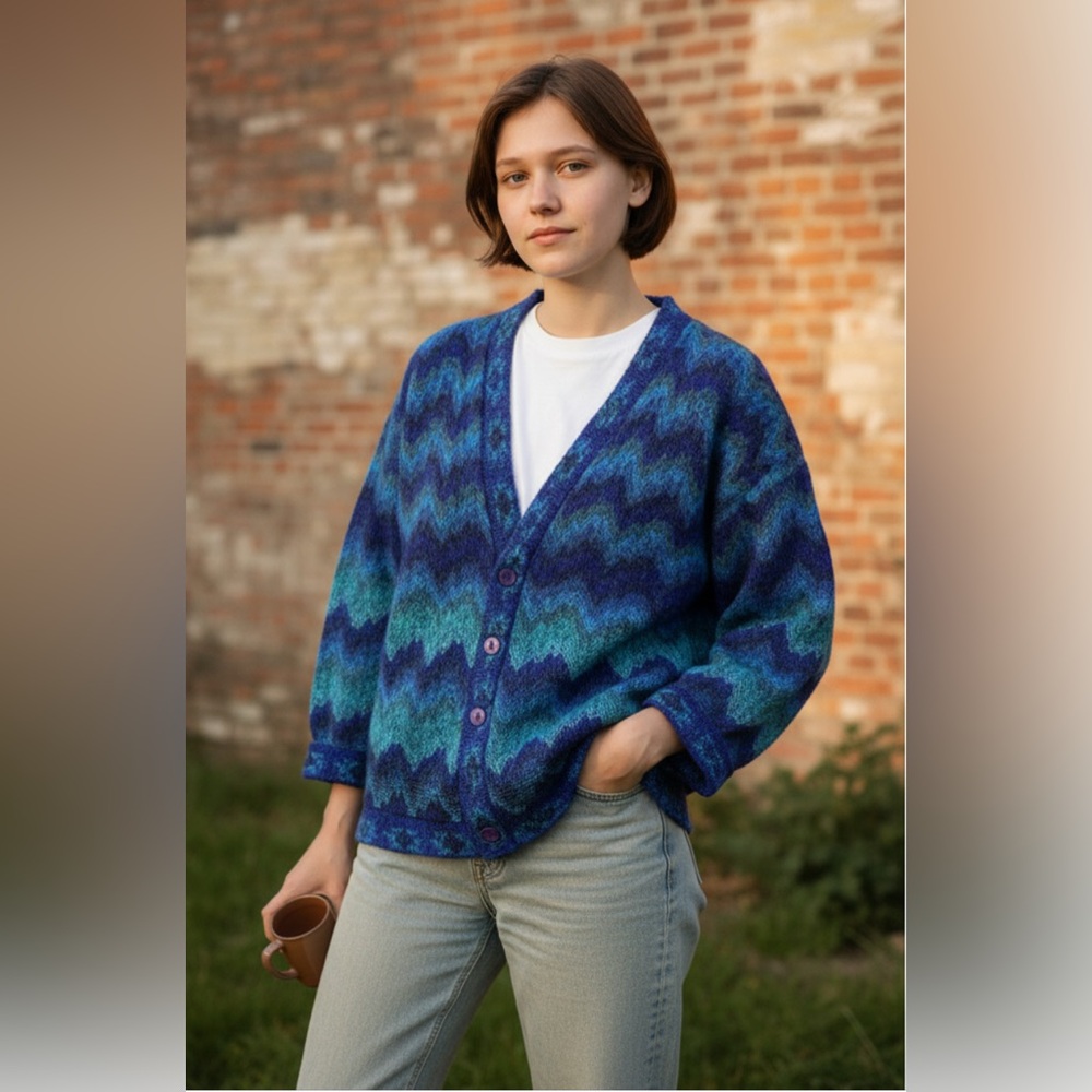 Vintage Paul Harris Blue/Green Chevron faux button up Acrylic & Mohair sweater